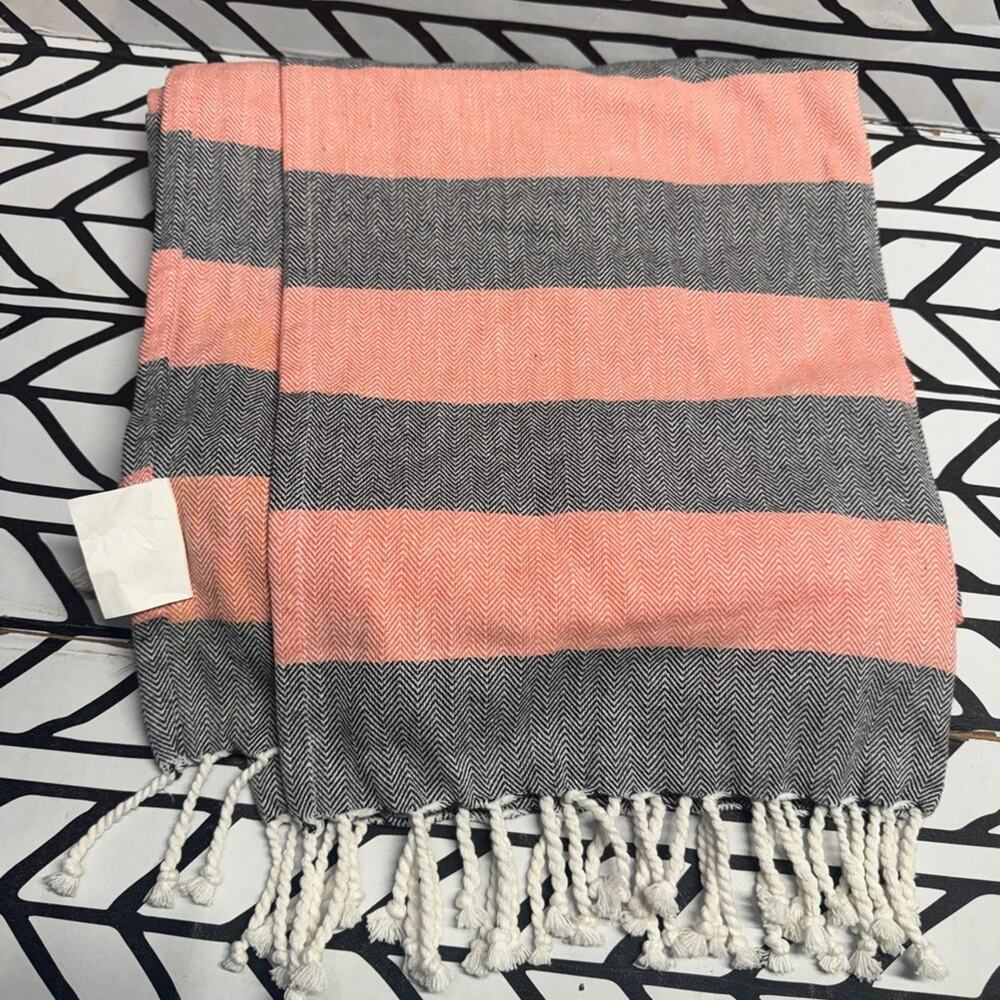 Pink and Gray Striped Throw Blanket with Fringe